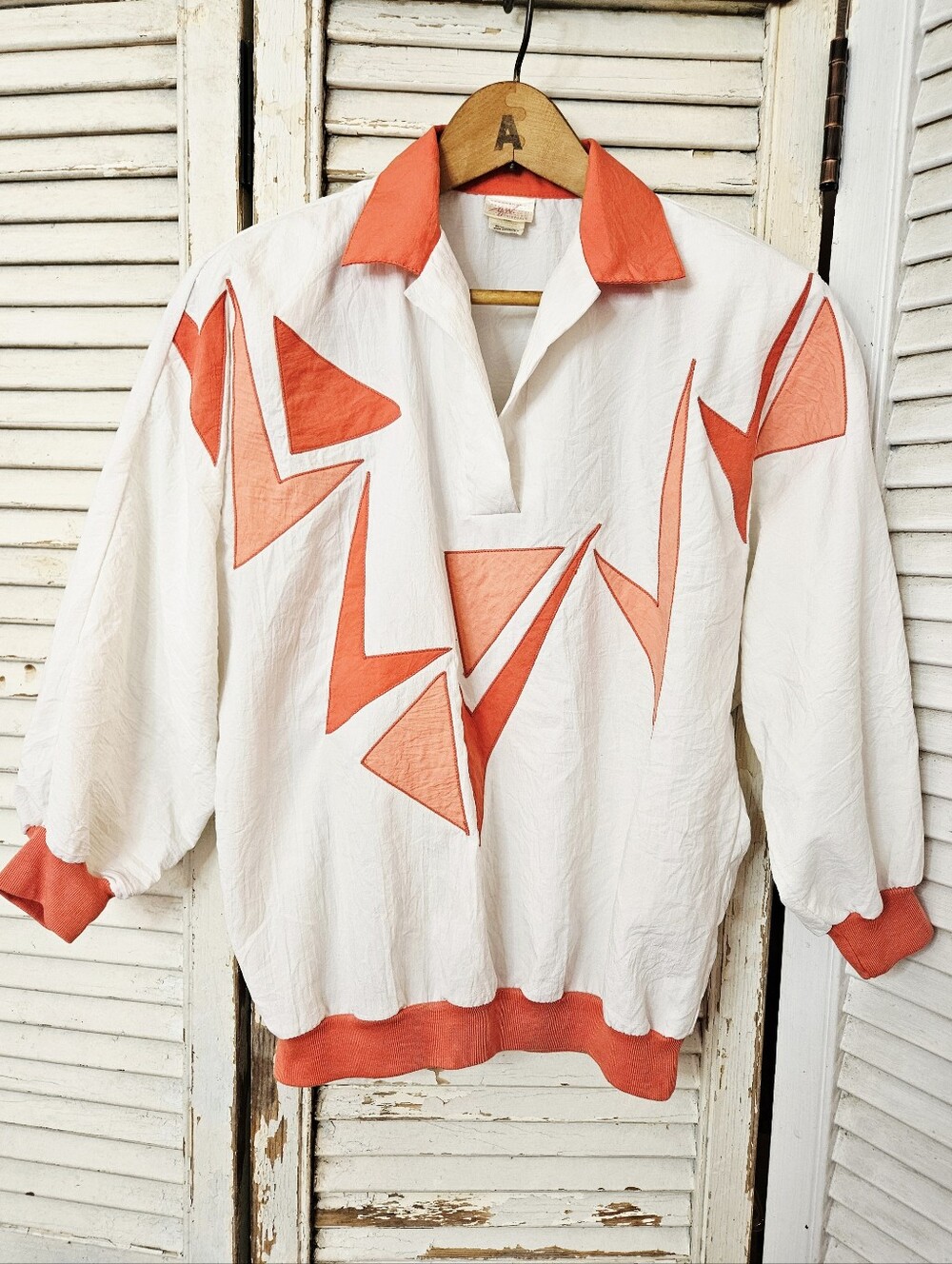 Vintage 80s GW Originals Cropped White Windbreaker With Orange Appliques Small